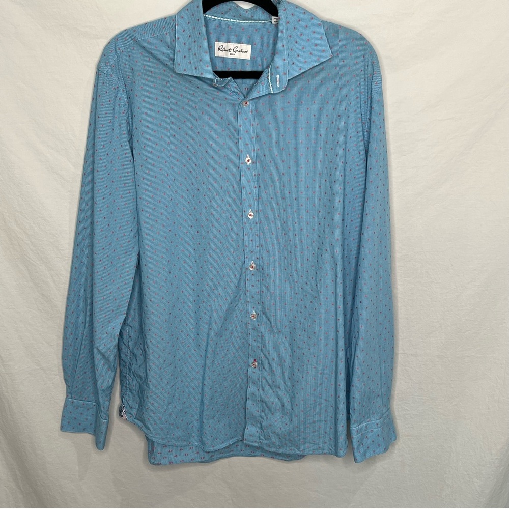 Robert Graham Button Up Dress Shirt LS Blue Micro Check Pink Dot Pattern‎ 43 17